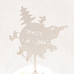 ケーキトッパー Merry Christmas 地球 パールシルバー【 クリスマス 飾り 木製バナー 】 1枚目の画像