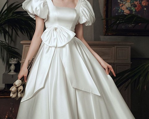 フランス風パフスリーブ光沢サテンウエディングドレス/結婚式