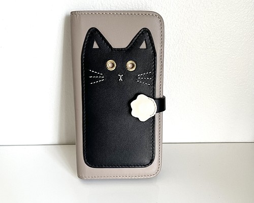 黒猫 本革手帳型スマホケース 名入れ可 カード収納 iphoneケース