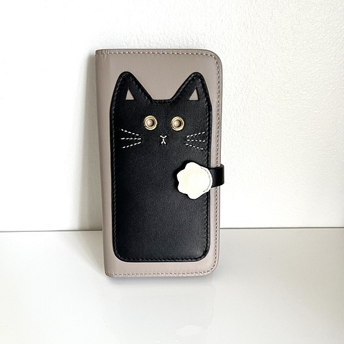 黒猫 本革手帳型スマホケース 名入れ可 カード収納 iphoneケース