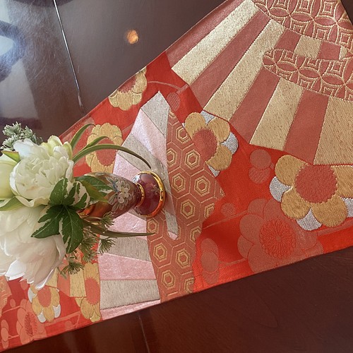 特売 1970 豪華刺繍 正絹テーブルランナー 帯リメイク お正月 テーブル