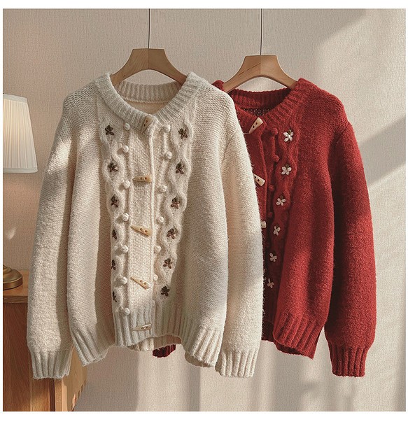 2色セーター、ニットセーター 、冬のセーター、前開きニットセーター