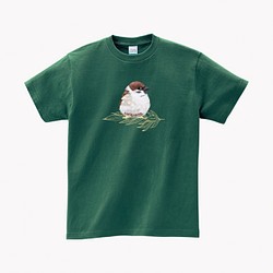オリジナルイラスト ニュートラル 男の子 女の子 かわいい 楽しい 雀鳥 森 緑 Tシャツ 1枚目の画像