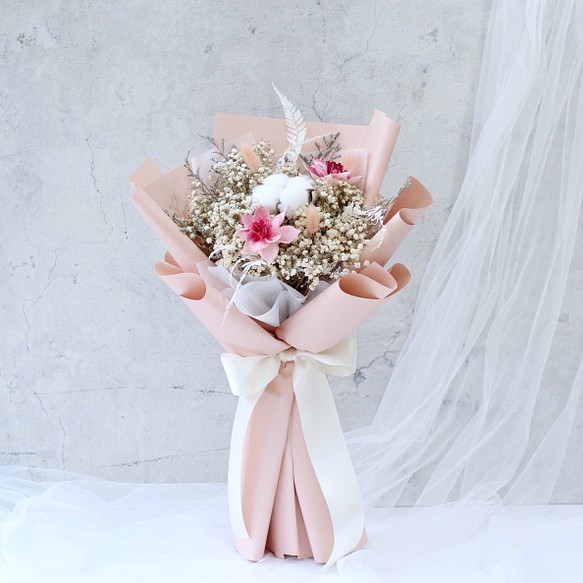 中型乾燥花花束—粉色紅 第1張的照片