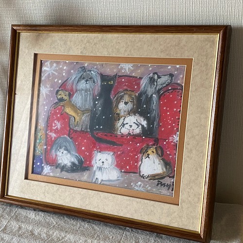 絵画。原画手描き【雪が降る冬、かわいい犬と猫の楽しい写真記念】-