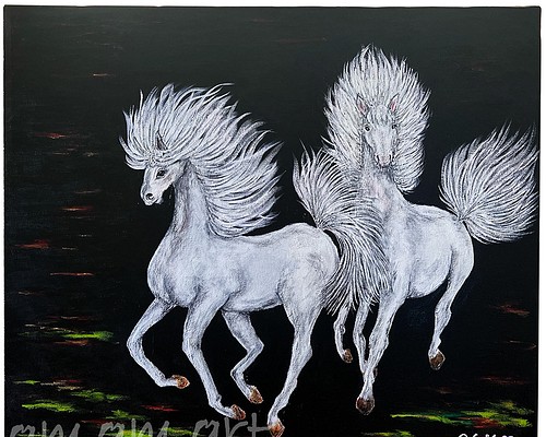 水彩画 原画 「 白馬 風のように 」 F10号 送料無料 馬の絵 アート 