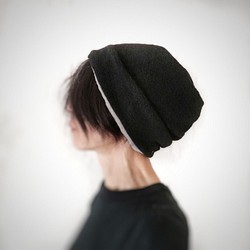 ターバンな帽子　黒ウール+ナチュラル 1枚目の画像