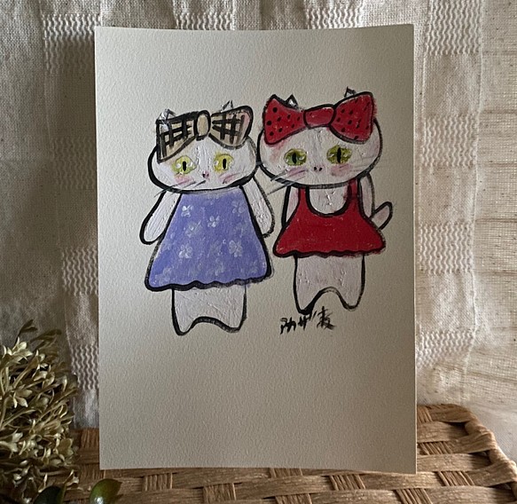 絵画。原画手描き【美しい猫ちゃんの楽しいデートの日】 - 美術品