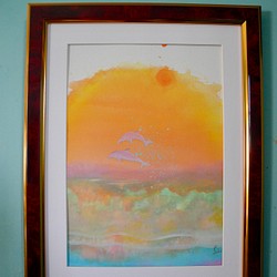 水彩画　夕日とイルカ 1枚目の画像