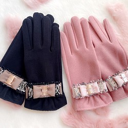 新作♡冬が来るのが楽しくなる♡裏起毛リボン手袋♡スマホ対応♡ピンク 1枚目の画像