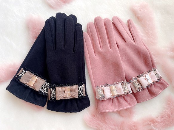 新作♡冬が来るのが楽しくなる♡裏起毛リボン手袋♡スマホ対応♡ピンク 1枚目の画像