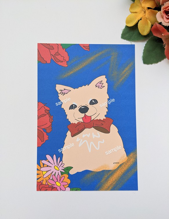 犬イラスト・アート　花とチワワ　2枚ポストカードセット 1枚目の画像