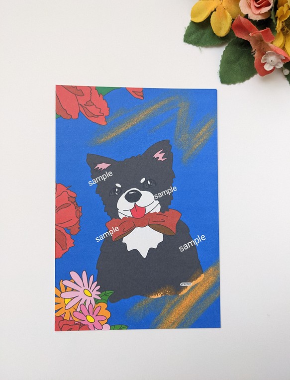 犬アート　花とチワワ　2枚ポストカードセット　黒チワワ 1枚目の画像