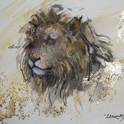 大きな”猫”２０２２（高級水彩画用紙、F4、２４ｃｍ×３３，７ｃｍ、墨, 水彩、アクリル、金箔） 1枚目の画像