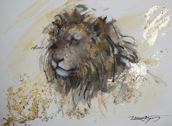 大きな”猫”２０２２（高級水彩画用紙、F4、２４ｃｍ×３３，７ｃｍ、墨, 水彩、アクリル、金箔） 1枚目の画像
