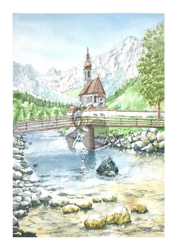 ドイツ ベルヒテスガーデンの教会 透明水彩 原画です。 絵画 浜野 和孝 通販｜Creema(クリーマ)