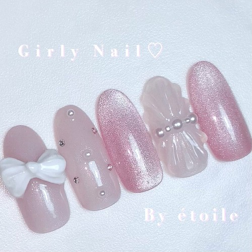 004 girly nail ♥ ピンク/キラキラ/マグネット/リボン ネイルチップ