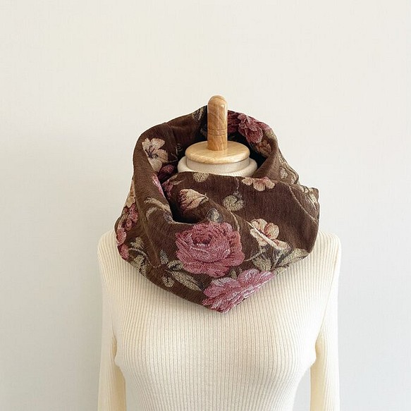 高品質戈布蘭編織圍巾，優雅，成人，玫瑰圖案，花卉圖案，花朵，棕色，棕色 第1張的照片