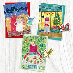赤い猫と青い鳥「ハルとソラ」のクリスマス・ミニカード3種セット［封筒・シール付］ 1枚目の画像