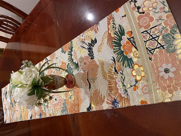 1853豪華な刺繍の花嫁衣装の丸帯リメイク 正絹テーブルランナー お正月 