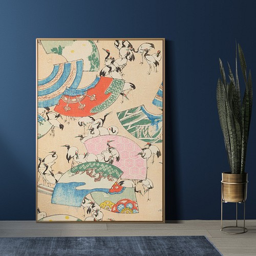 【NO.424】鶴と扇の日本画アートポスター☆お正月和柄和室インテリア和モダン