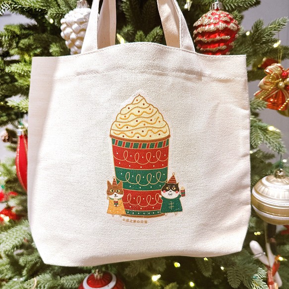 クリスマスギフト｜タフィーストーンフルーツラテのデイリーキャットキャンバスバッグ（ランチバッグ）手刷り 1枚目の画像