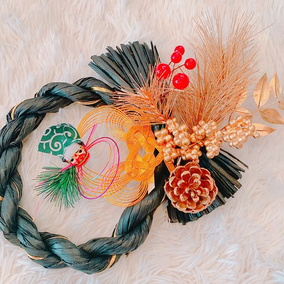 お正月ミニ飾り　しめ縄、稲、金柑、獅子舞