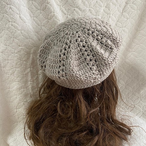 リネン 麻 透かし編みベレー帽 クリームイエロー ベレー帽・ハンチング 