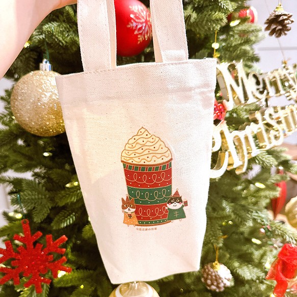クリスマスギフト｜タフィーストーンフルーツラテのデイリーキャンバスドリンクバッグ（アイスダムカップ）手刷り 1枚目の画像