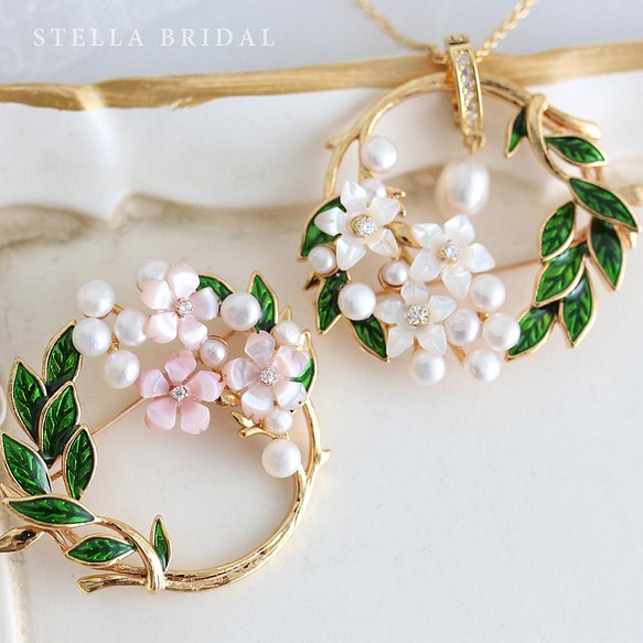 Stella Bridal＊フォーマルや母の日・ギフトにも＊2WAY3点セット シェルフラワーと淡水パールのブローチ