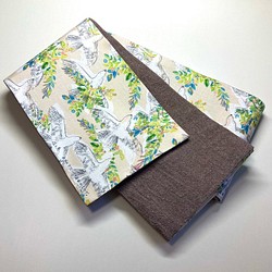オリジナル半巾帯（小袋帯） リバーシブル仕立て 長尺 / 花と鳥 と デニム調茶（みすゞうた「花と鳥」生地使用） 1枚目の画像