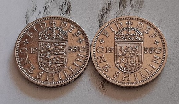 2枚セット♥イギリス 1955年 シリング 英国コイン 美品です 本物  スコットランドライオンデザイン♥エリザベス女王 1枚目の画像