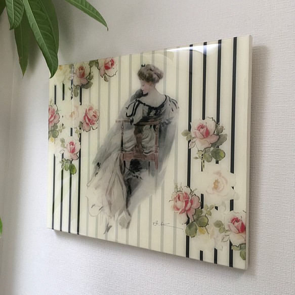 ヨーロピアン壁掛け　貴婦人と薔薇のコラージュ作品　オリジナル一点ものハンドメイド 1枚目の画像