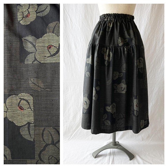 【和風】優雅別緻的疊層裙：78cm長（南十字茶花：黑色） 第1張的照片