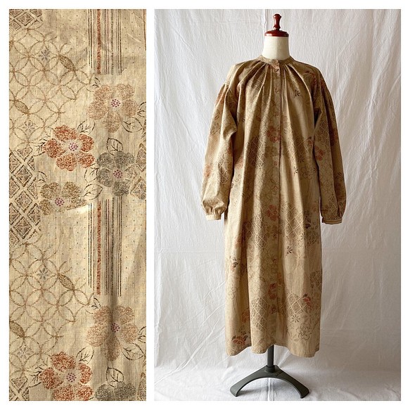 【日式】Hannari 寬鬆長袍連衣裙：105cm（南十字Kasuri款式：米色） 第1張的照片