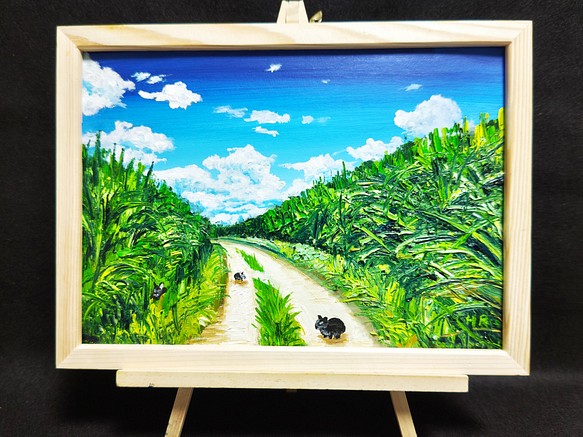 超人気新品 油絵 絵画【サトウキビ畑のうさぎ】 絵画/タペストリ