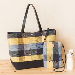 [Creema Limited Spring Lucky Bag] 格紋手工編織托特包和智能手機手拿包套裝（藍色） 第1張的照片
