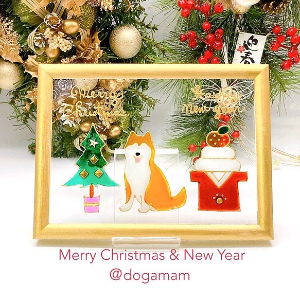 DOG.AM ガラスフレーム　クリスマス　お正月　柴犬　赤柴 1枚目の画像