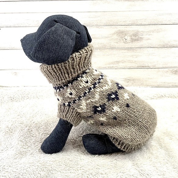 【再販1】小型犬用手編みセーター★グレー＋ネイビー★ロピ風★ペットセーター★犬のセーター★犬服