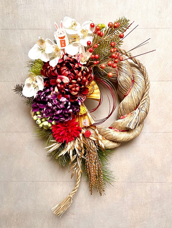 No.wreath-15496/迎春しめ縄リース(正月) 22-(6) 52x35cm/アーティ