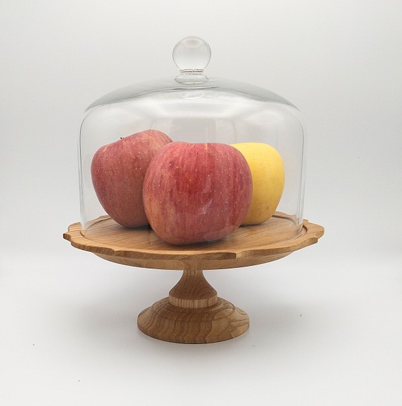 ２３.５センチ　 コンポート ケーキスタンド 　ガラスドーム付き 　木製  クリ  栗　リム小　稜花皿 1枚目の画像