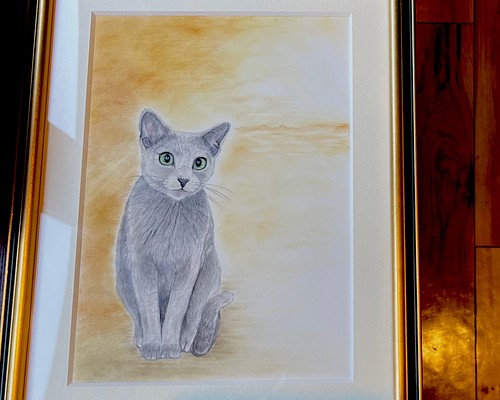 『ヒカリの猫』色鉛筆画／原画／額縁付き 絵画 デリバーリトルラブ 