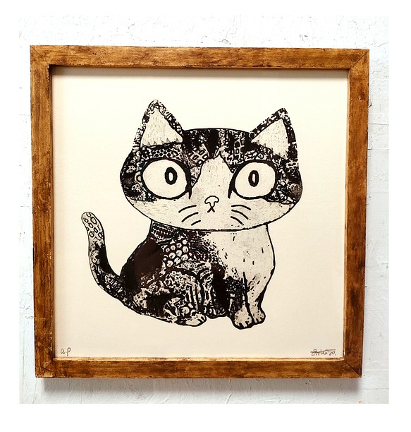 額付き銅版画絵画　「負けない猫」