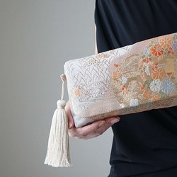 [Nishijin Woven Hattori Woven Beige/Gold Flower Pattern 絲綢腰帶 Rem 第1張的照片