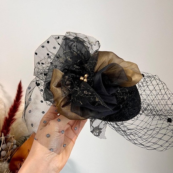 《受注制作》ブラック　トーク帽子 ヘッドアクセサリー　ヘッドドレス　ミニ帽子 1枚目の画像