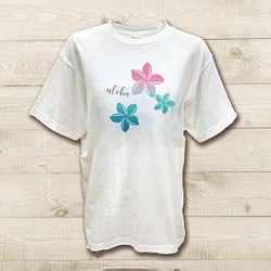 ハワイアンデザインTシャツ プルメリアのイラスト 南国のお花 ノースショア ハワイ 半袖カットソー グラデーション 1枚目の画像
