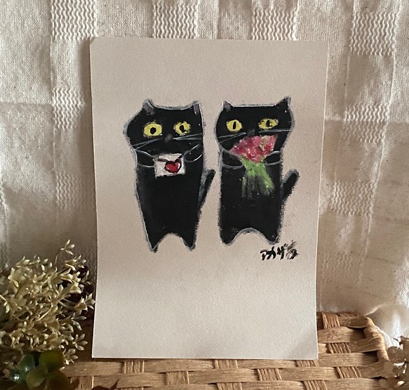 絵画。原画手描き【ラブレターを持って花とデートする黒猫2匹】 絵画