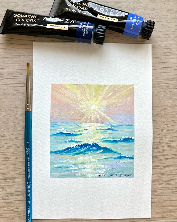ORIGINAL PAINTING - ocean sunrise , 原画, オリジナルアート, 海のアート 1枚目の画像