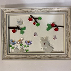 WOL.S  シーグラスアート　かくれんぼするウサギの親子 1枚目の画像