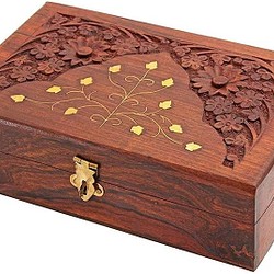 手工製作精美花卉雕刻木製首飾盒帶黃銅鑲嵌收納盒 - 父親節禮物 第1張的照片